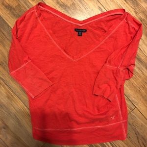 3/4 sleeve off the shoulder, small hole by tag